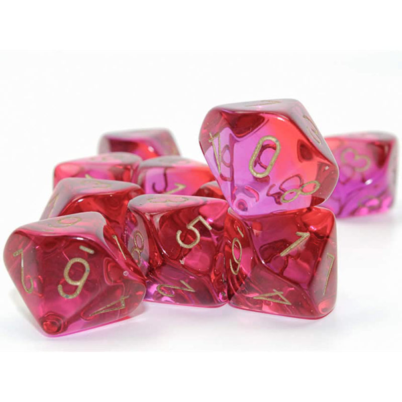Translucent Red and Violet Gemini Dice with Gold Numbers D10 16mm (5/8in) Pack of 10 Dice Chessex