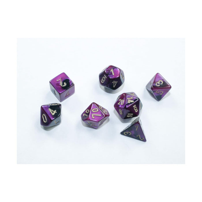 'Black and Purple Gemini Mini Dice with Gold Colored Numbers 10mm (3/8in) Set of 7 Chessex