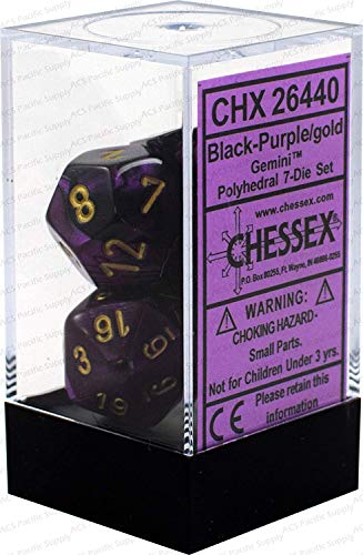 Chessex Gemini Polyhedral Die Set, Black/Purple/Gold