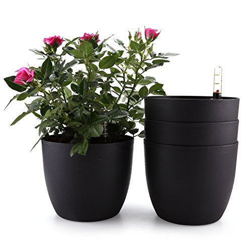 T4U 7 Inch Plastic Self Watering Planter with Water Level Indicator Black Set of 4, Modern Decorative Planter Pot for All House Plants, Flowers, Herbs, African Violets, Succulents