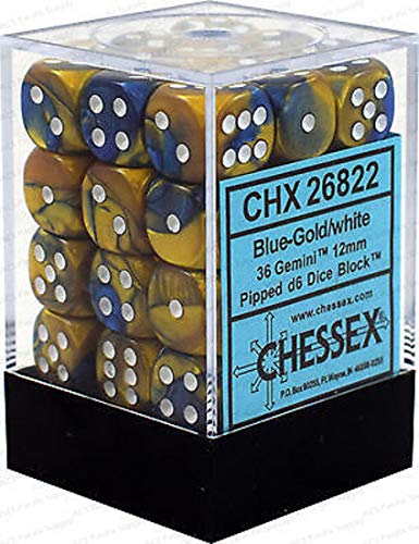 Chessex Dice Set ‚Äì 12mm Gemini: Blue-Gold/White Dice Block ‚Äì Dungeons and Dragons D&D DND TTRPG Dice ‚Äì Includes 36 Dice ‚Äì D6