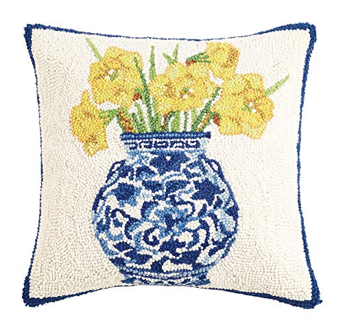Peking Handicraft 30SER515BC16SQ Chinoiserie Vase Daffodils Hook Pillow, 100% Wool and Cotton