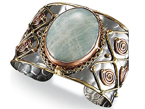 Anju Adjustable Cuff with Stainless Steel Base, Brass, Copper, and Amazonite Stone for Women