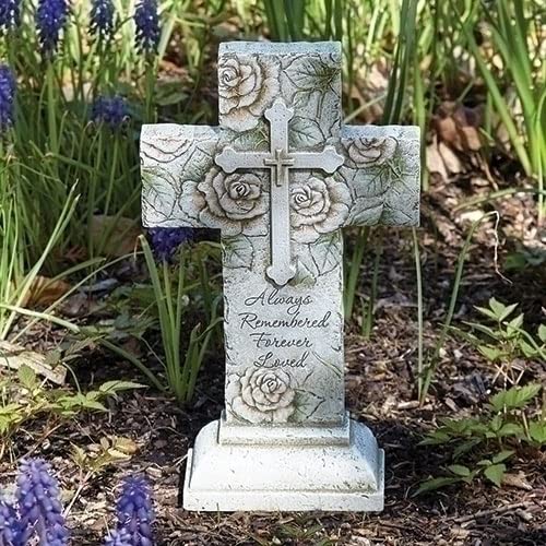 Roman Memorial Cross with Roses Garden Statue 12-inch