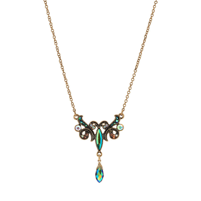 1928 Jewelry Blue Iridescent AB Pendant Necklace 16" + 3" Extender