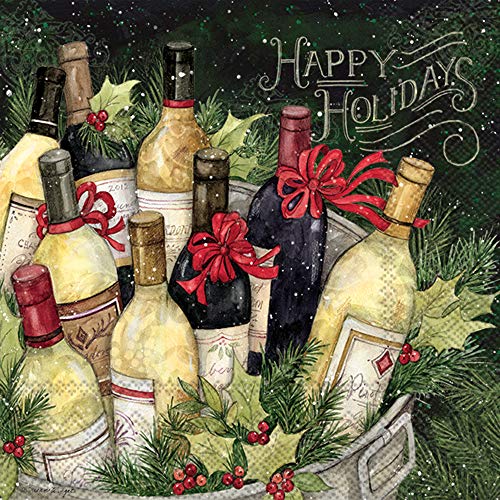 Boston International IHR Cocktail Beverage Paper Napkins, 5 x 5-Inches, Christmas Wine Bucket
