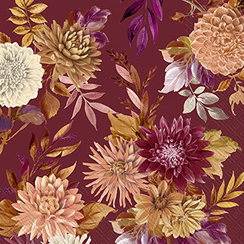 Boston International IHR Floral Fall Autumn Thanksgiving 3-Ply Paper Napkins, 20-Count Lunch Size, Darla- Red