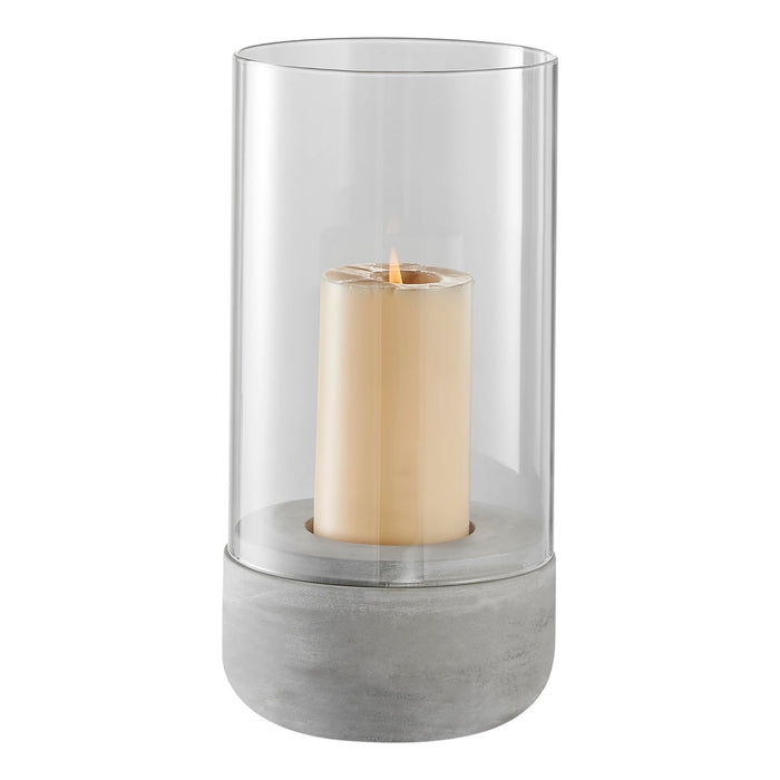 Danya B. Modern Cool Gray Cement Base and Glass Pillar Hurricane Candle Holder (Large)