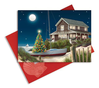 Cape Shore Embellished Christmas Cards and Envelopes - Moonlit Beach House Gift for Birthday, Anniversary, Wedding, Friend, and Family