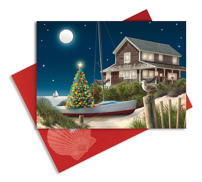 Cape Shore Embellished Christmas Cards and Envelopes - Moonlit Beach House Gift for Birthday, Anniversary, Wedding, Friend, and Family