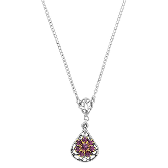 1928 Jewelry Clear Flower Crystal Cluster Teardrop Filigree Pendant Necklace 16" + 3" Extender