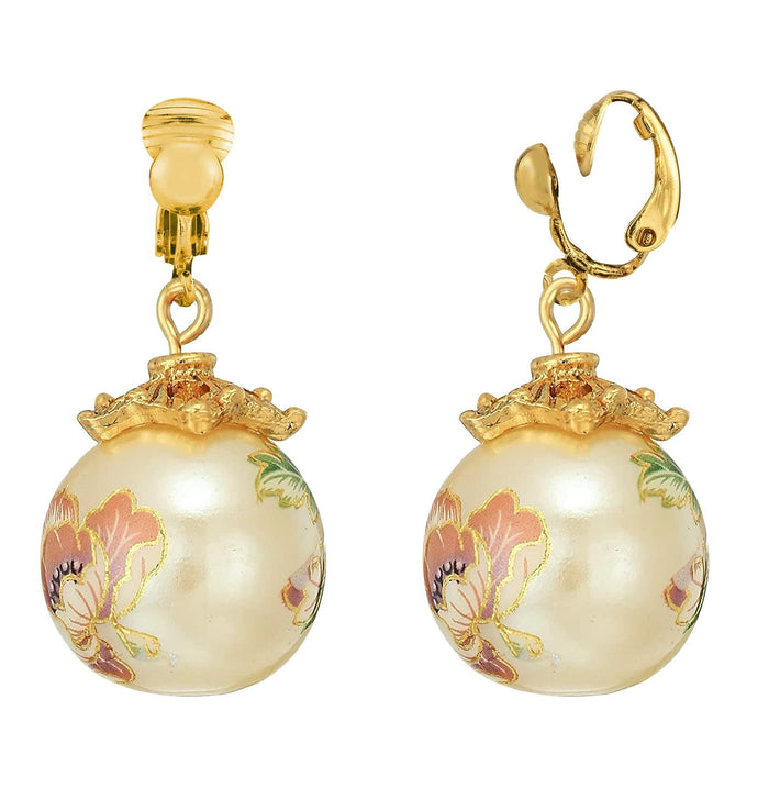 1928 Jewelry Pink Floral Faux Pearl Decal Drop Clip On Earrings
