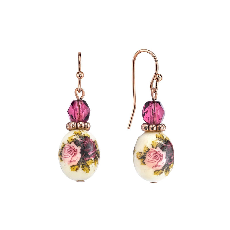 1928 Jewelry Rose Purple Crystal Bead Flower Drop Earrings