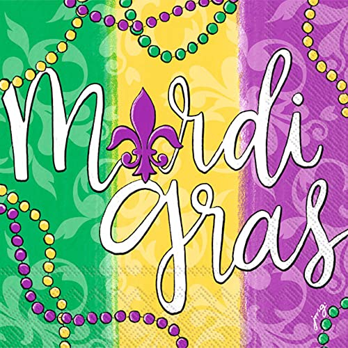 Boston International IHR 3-Ply Paper Napkins Mardi Gras Fat Tuesday Designs, 20-Count Cocktail Size, Mardi Gras Beads
