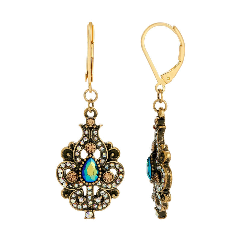 1928 Jewelry Art Nouveau Style Blue Iridescent AB Glass Drop Earrings