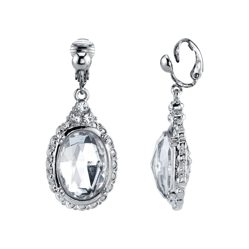 1928 Jewelry Crystal Oval Clip On Drop Earrings