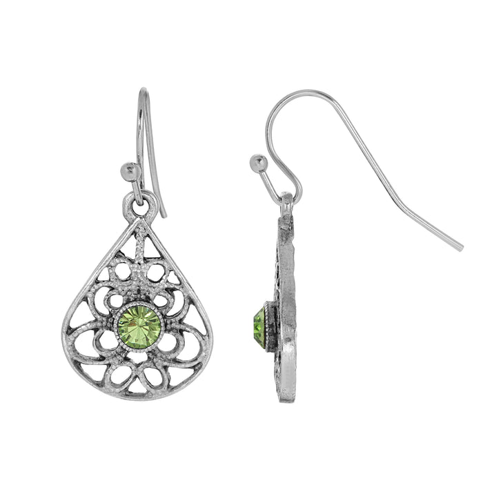 1928 Jewelry Teardrop Filigree Peridot Crystal Fish Hook Drop Earrings