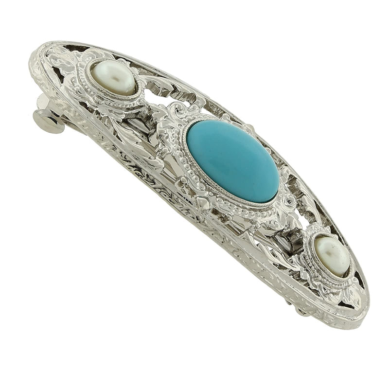 1928 Jewelry Women Faux Turquoise Hair Barrette With Costume Pearl And Filigree Silver Tone Details