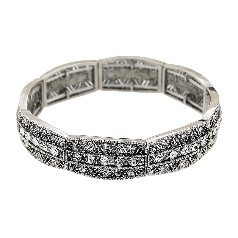 1928 Jewelry Art Deco Rectangular Multi Clear Crystal Stretch Bracelet, Silver