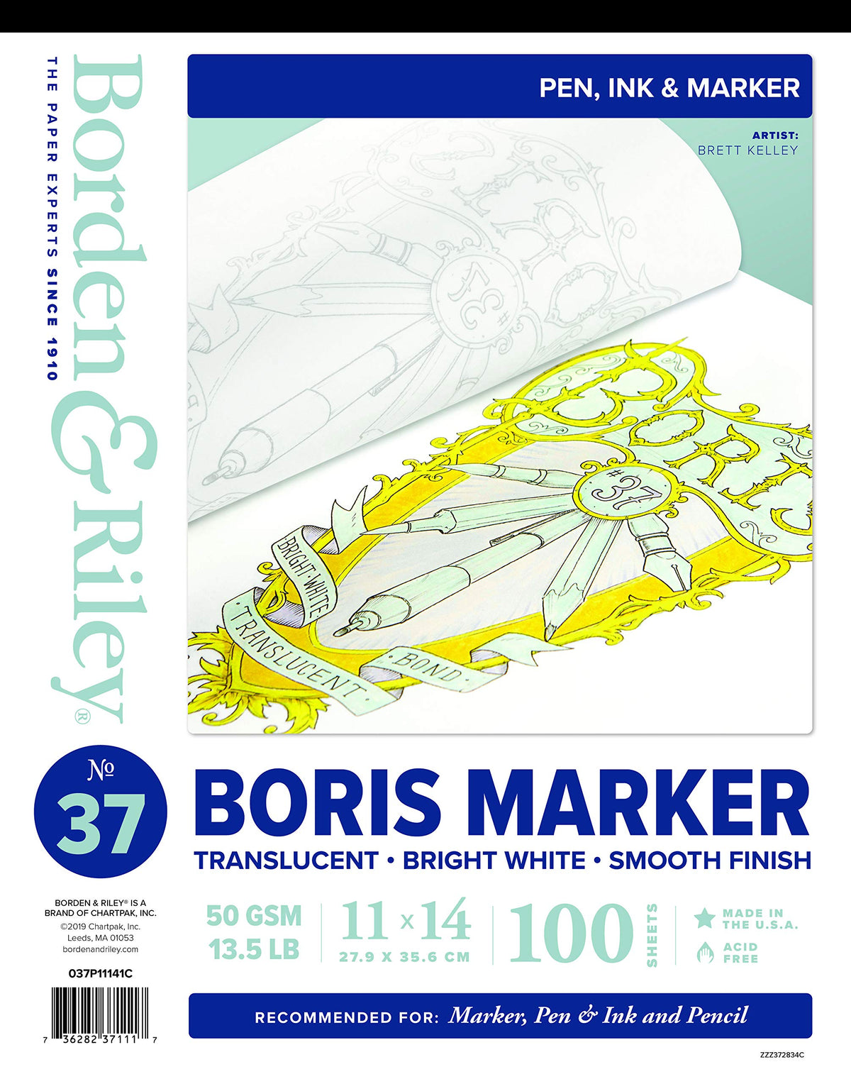 Borden & Riley #37 Boris Marker Layout Bright White Translucent Bond Pad, 11" x 14", 13.5 lb, 100 White Sheets, 1 Pad Each (037P11141C)