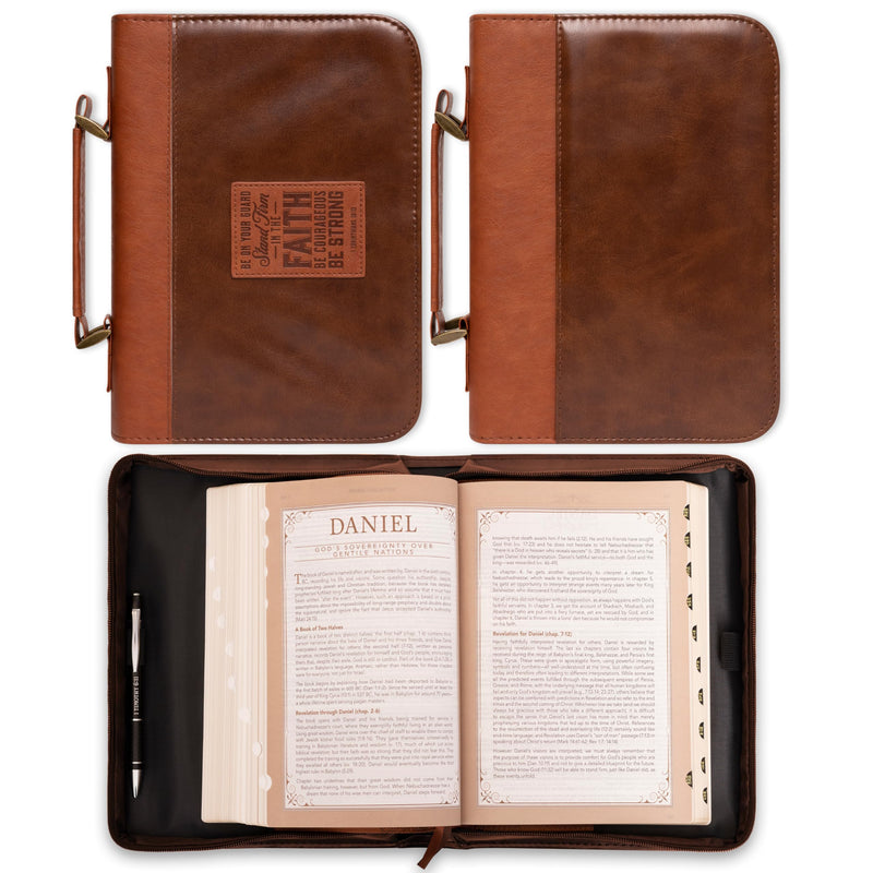 Christian Art Gifts Classic Faux Leather Bible Cover for Men & Women: Stand Firm in The Faith - 1 Corinthians 16:13 Inspirational Bible Verse for Book Storage, Travel Church, Two-Tone Brown, Large