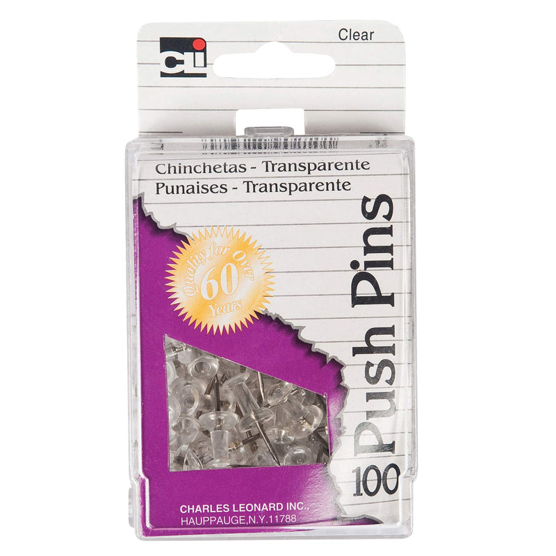 Charles Leonard Push Pins, Clear, 100-Pack (200-CL)