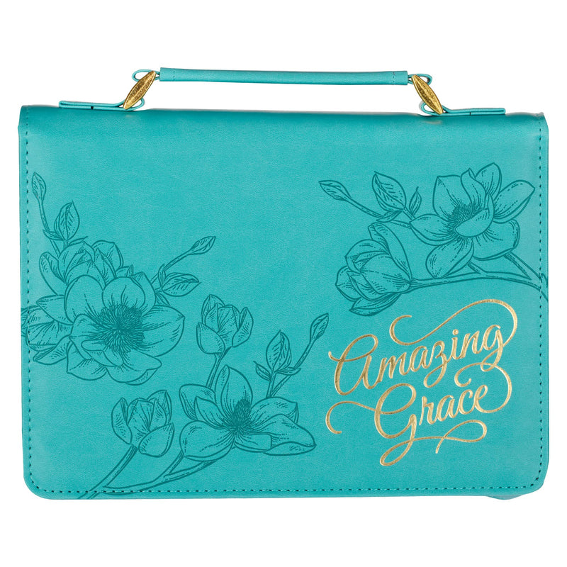 Christian Art Gifts Protective Teal Flower Faux Leather Bible Cover Carry Case with Handle for Women: Amazing Grace - Inspirational Song and Hymn Zippered with Pocket, Medium