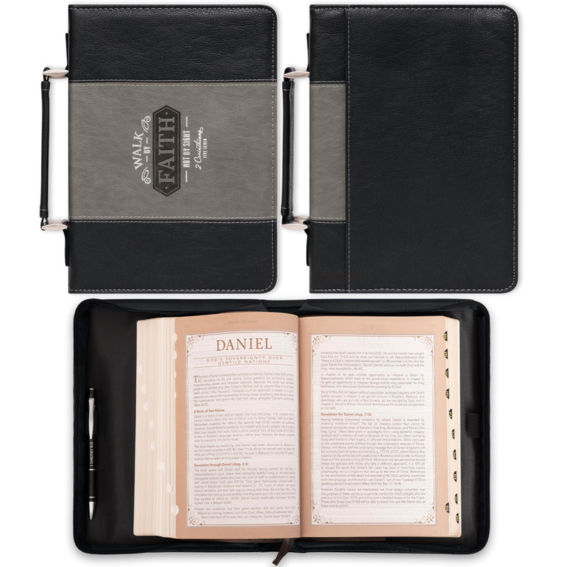 Christian Art Gifts Classic Two Color Bible & Book Cover for Men & Women: Walk by Faith - 2 Corinthians 5:7 Inspirational Scripture Verse Carry Case Accessory w/Pockets, Black & Gray w/Silver, Large