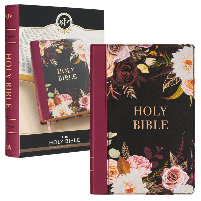 KJV Holy Bible, Thinline Large Print Faux Leather Red Letter Edition - Thumb Index & Ribbon Marker, King James Version, Black/Burgundy Printed Floral