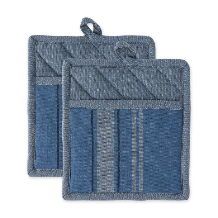 DII Cotton French Stripe Pot Holders with Pocket, 9 x 8 Set of 2, Machine Washable and Heat Resistant Country Farmhouse Cooking and Baking Pocket Mitts Chambray Blue
