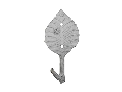 HANDCRAFTED NAUTICAL DÉCOR Whitewashed Cast Iron Birch Tree Leaf Decorative Metal Tree Branch Hook 6.5&quot;