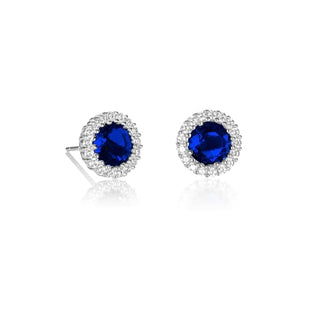 Diamond Treats 925 Sterling Silver Halo Earrings for Women with Round Sapphire Blue Cubic Zirconia Stones, Large Stud in Silver, Simple Design