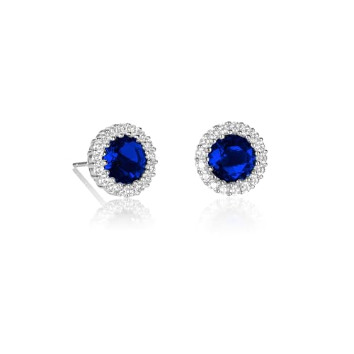 Diamond Treats 925 Sterling Silver Halo Earrings for Women with Round Sapphire Blue Cubic Zirconia Stones, Large Stud in Silver, Simple Design