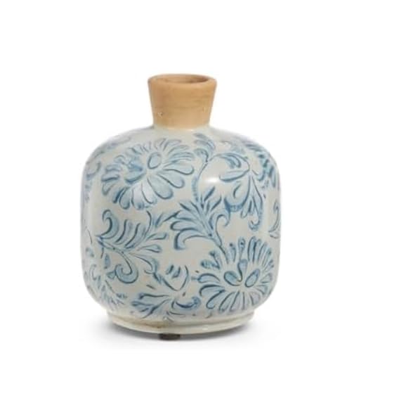 RAZ Imports Floral Pattern Vase, 5-inch Height, Teal Blue, Terracotta, Tabletop Décor, Green Meadows