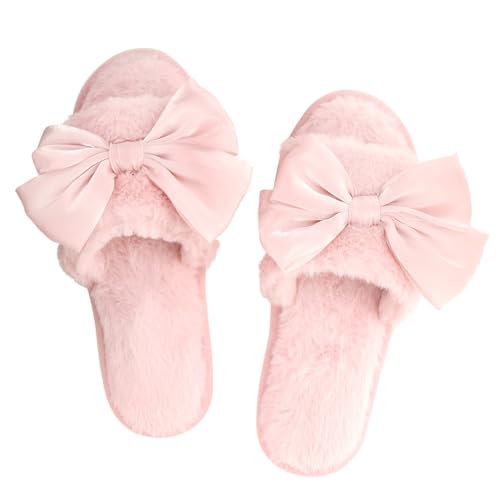 Bella Sleep + Spa Women’s Plush Open-Toe Slippers - Fuzzy House Slides with Large Velvet Bow, Blush Pink, Small (US 5-6)