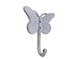 HANDCRAFTED NAUTICAL DÉCOR Whitewashed Cast Iron Butterly Decorative Metal Wall Hook 5"