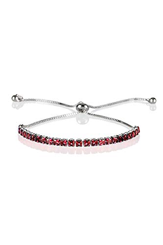 ZAVANA Adjustable Silver Bracelets for Women, Ruby Red Bracelet for Women, Dainty Tennis Bracelets for Women with Red Cubic Zirconia Stones, Slider Bolo Bracelet, Gifts for Women