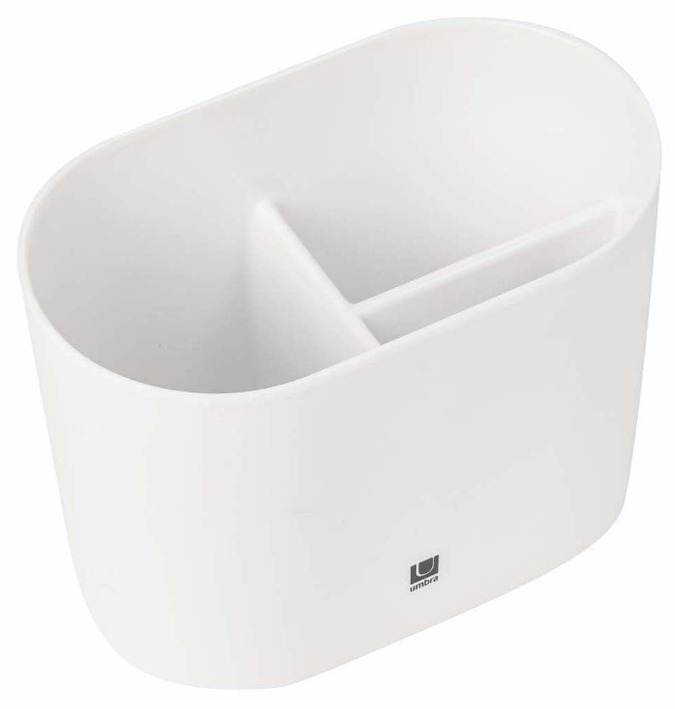 Umbra Step White Toothbrush Holder and Toothpaste Organizer - Modern Bathroom Dental Storage Organizer Holders Stand Rack With Multi-Functional 3 Slots and Dividers - It Doesn't Wobble or Fall Over