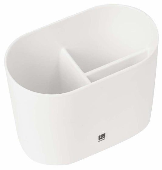 Umbra Step White Toothbrush Holder and Toothpaste Organizer - Modern Bathroom Dental Storage Organizer Holders Stand Rack With Multi-Functional 3 Slots and Dividers - It Doesn't Wobble or Fall Over