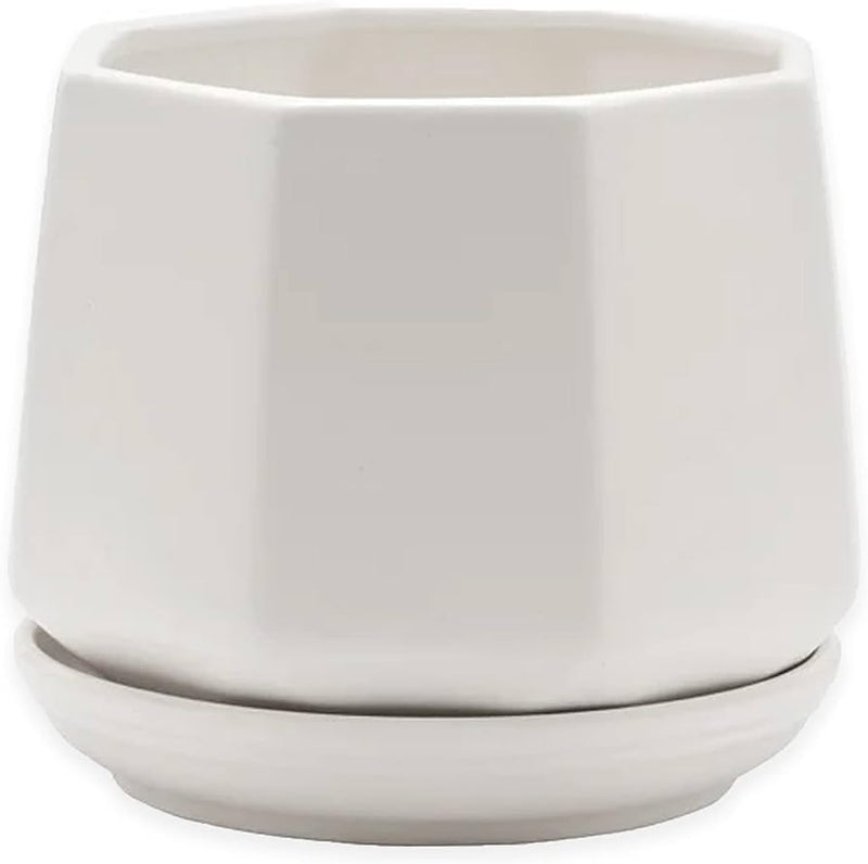 Napco Matte White Hexagonal Ceramic Pot for Indoor Plants Planter with Saucer, 3-Inch, Small