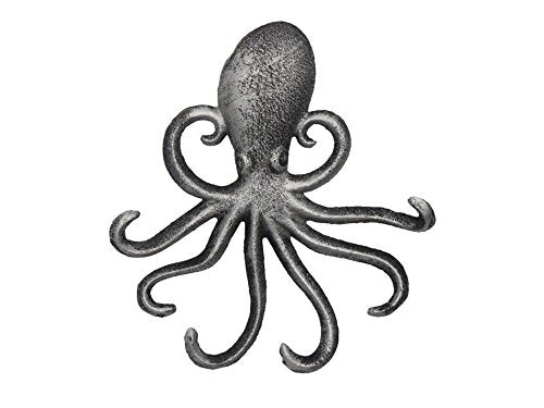 Handcrafted Nautical Decor Rustic Silver Cast Iron Wall Mounted Octopus Hooks 7" - Rustic Wall Art - Nauti