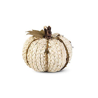 K&K Interiors 41220B-WH 5.25 Inch Cream Braided Cornhusk Pumpkin with Grapevine Accents