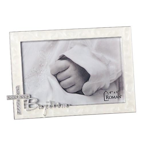 Roman Baptism Script With Jewel Tone Cross Swirled Ivory 7.25 x 5 Zinc Photo Frame