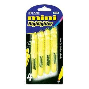 BAZIC Yellow Mini Fluorescent Highlighter with Cap Clip, 4 Per Pack