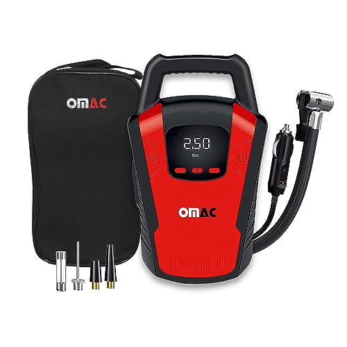 OMAC Car Tire Pump, Cigarette Lighter Tire Inflator, 12V, Portable Air Compressor, Air Pump, Digital Pressure Gauge,150PSI, LED Light, Red