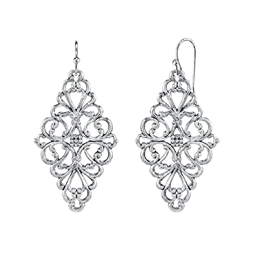 1928 Jewelry Diamond Symmetrical Silver Tone Filigree Drop Earrings For Women, Vintage Baroque Style Motifs