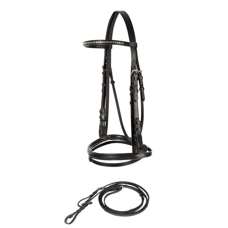 HORZE Weston Padded Leather Horse Snaffle Bridle with Flash Noseband and Web Reins - Black - Pony