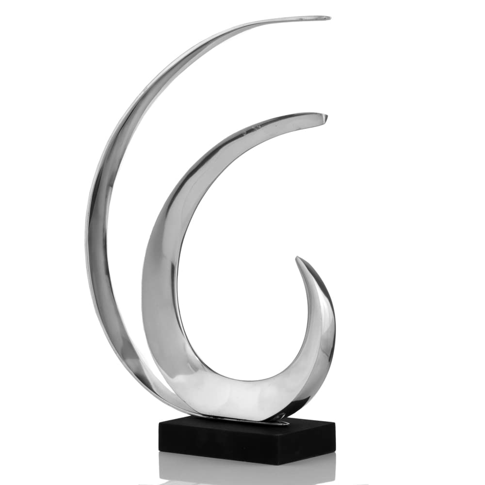Modern Day Accents Oleada, Abstract, Sculpture, Aluminum, Silver, Black Base, Ocean Wave, Modern, Tabletop, Art, 12" x 4" x 18