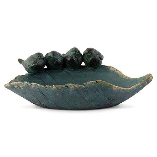 K&K Interiors, 17224A 12.25 Inch Resin Patina Green & Gold Leaf Feeder with 4 Birds