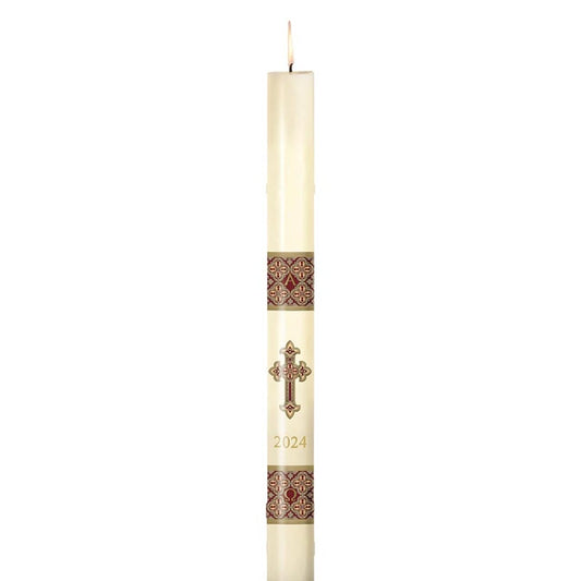 CB Church Supply Will &amp; Baumer Hand Crafted Westminster Beeswax Paschal Candle with Nails, No 2, Burgundy &amp; Gold
